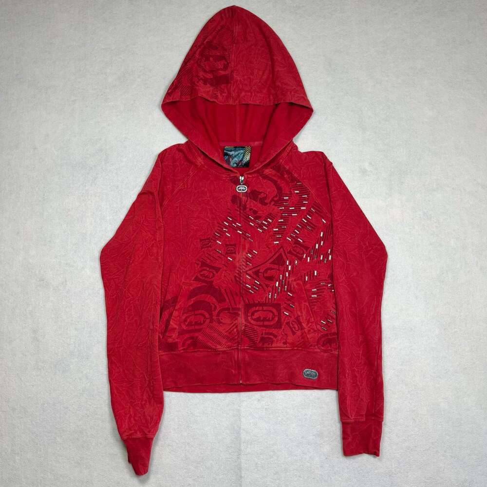 Y2K Ecko Unltd Hoodie Womens M Graphic Print Zip-Up Metal Hardware Rhinestones